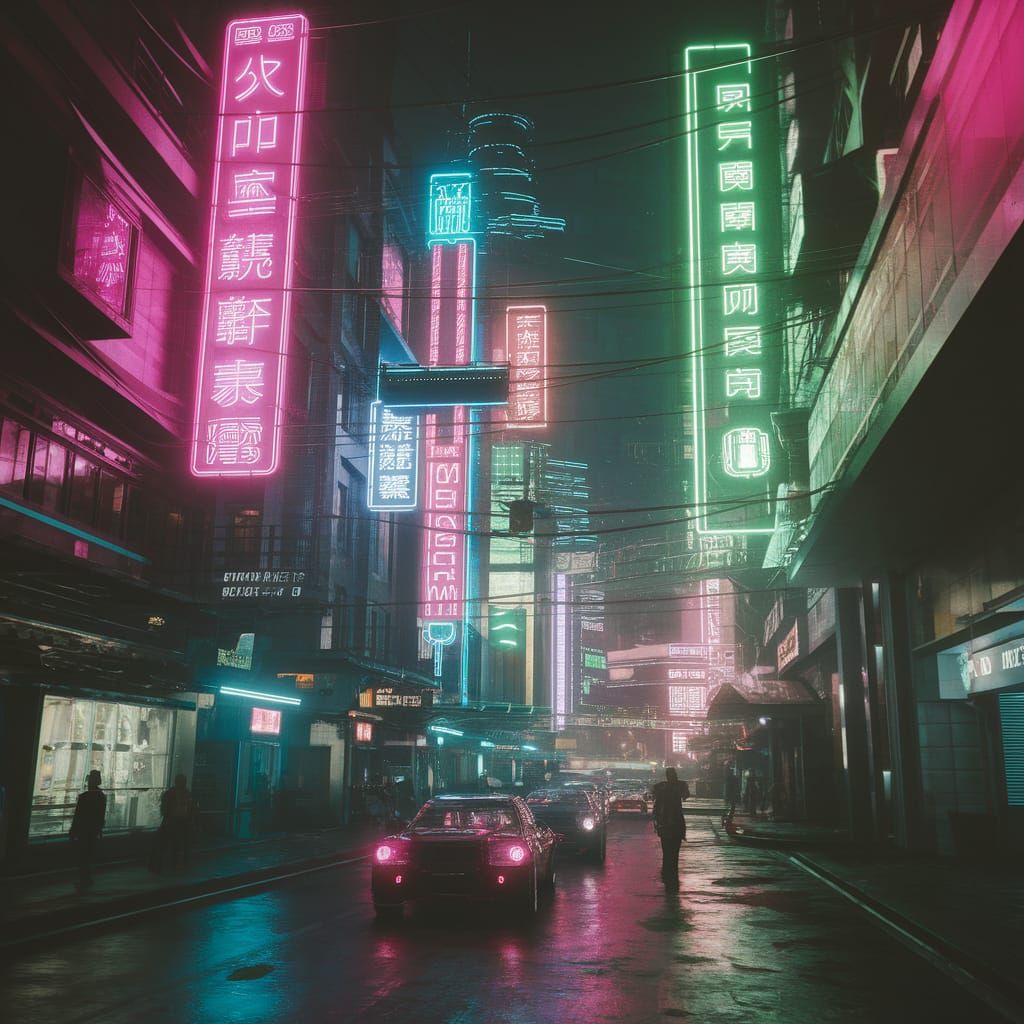 Cyberpunk City Street at Night with Neon Lights
