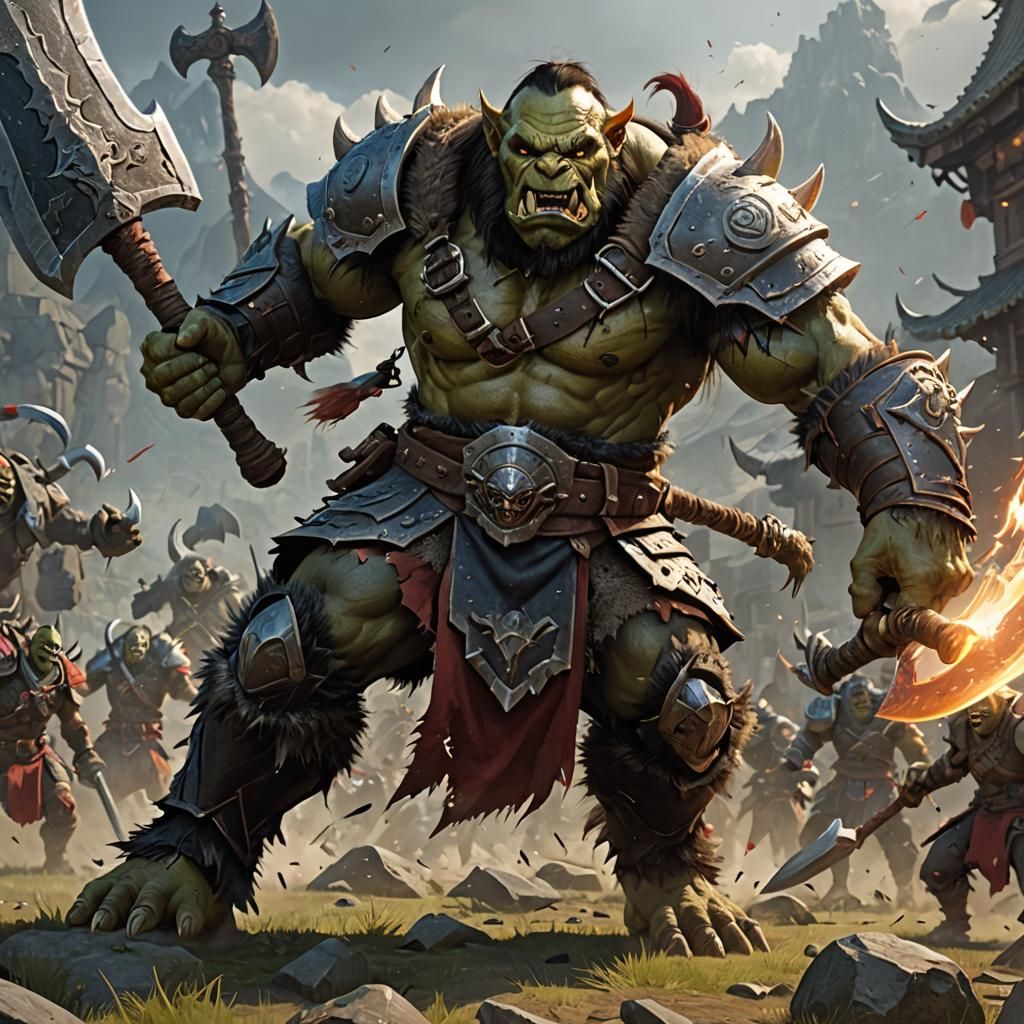 Orc Warrior Charging with Axe in Anime Style