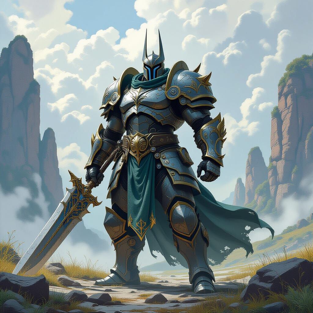 Victorious Titanai Warrior in Mystical Landscape