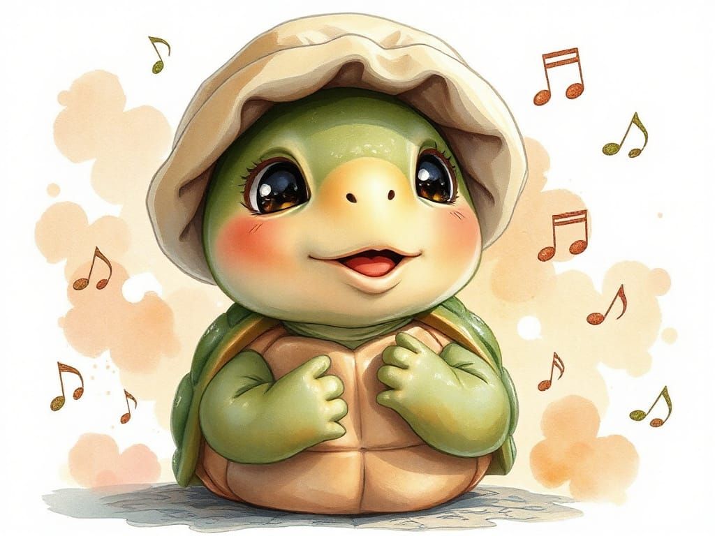 Singing Turtle in Watercolor Illustration Style