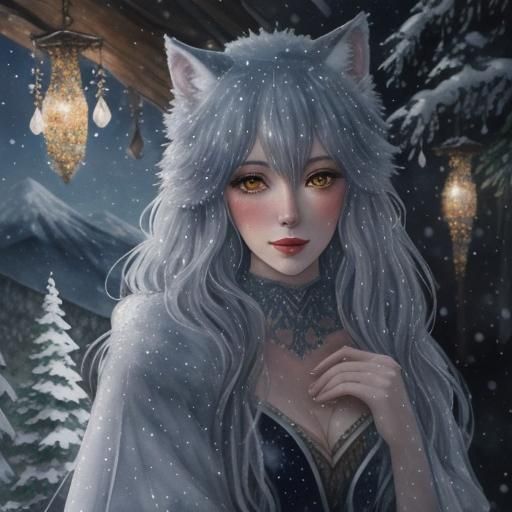 Watercolor Wolf Girl in Snowy Mountain Scene