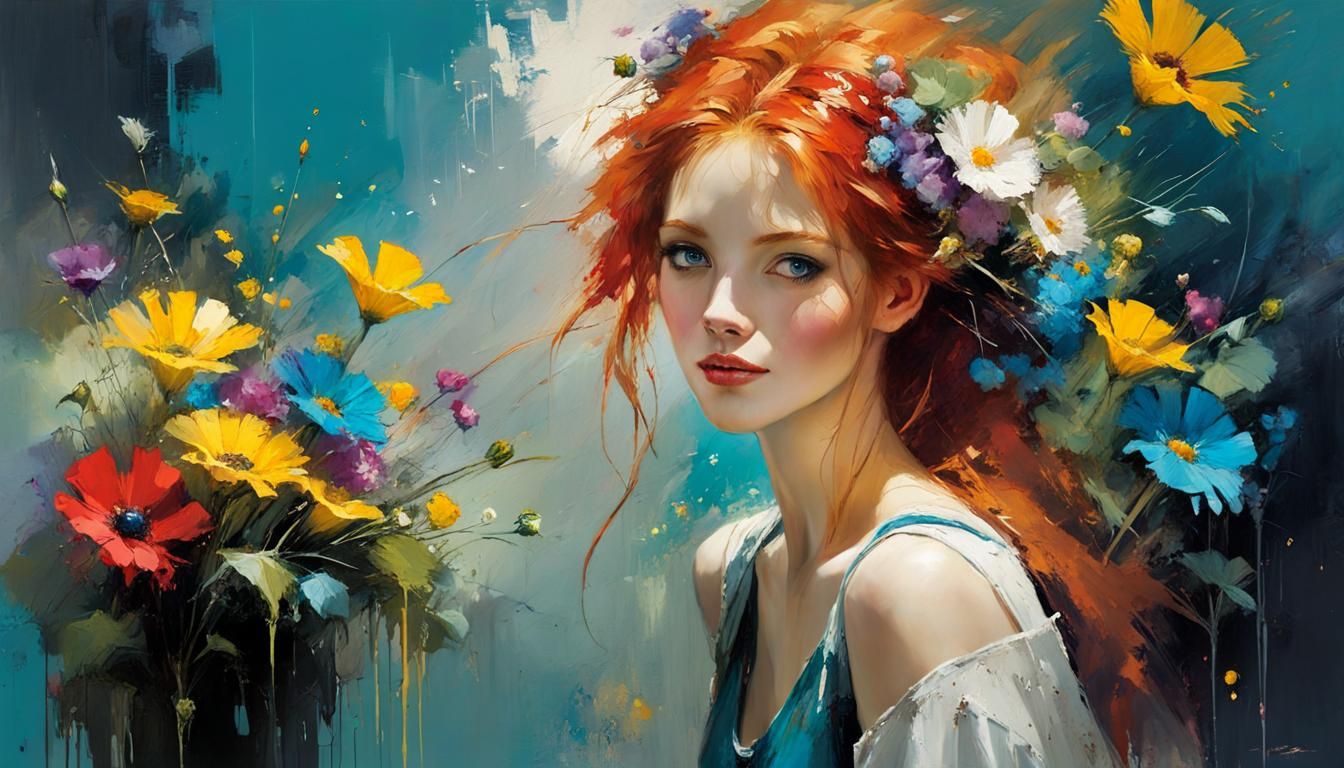 Redhead Among Red and Purple Flowers: Fantasy Art
