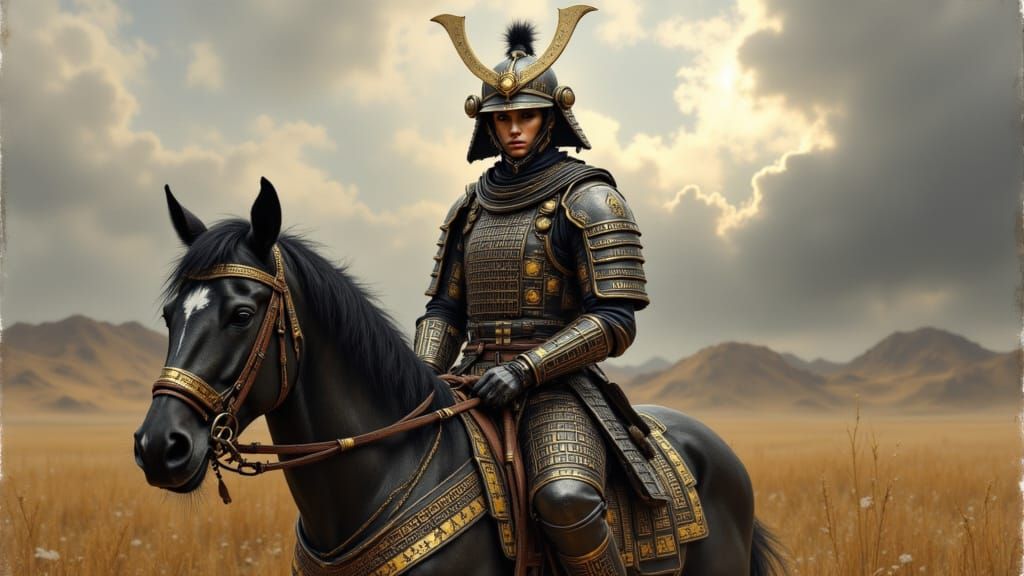 Samurai Warrior in Armor on War Horse