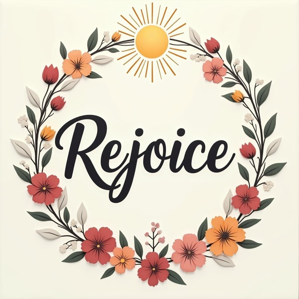 Elegant Rejoice Always Script with Floral Wreath