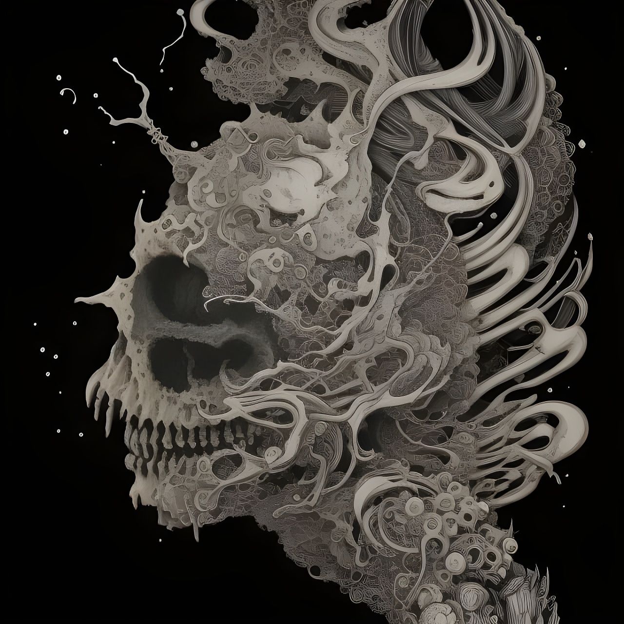 Cyberpunk Skull in Monochromatic Gouache Illustration