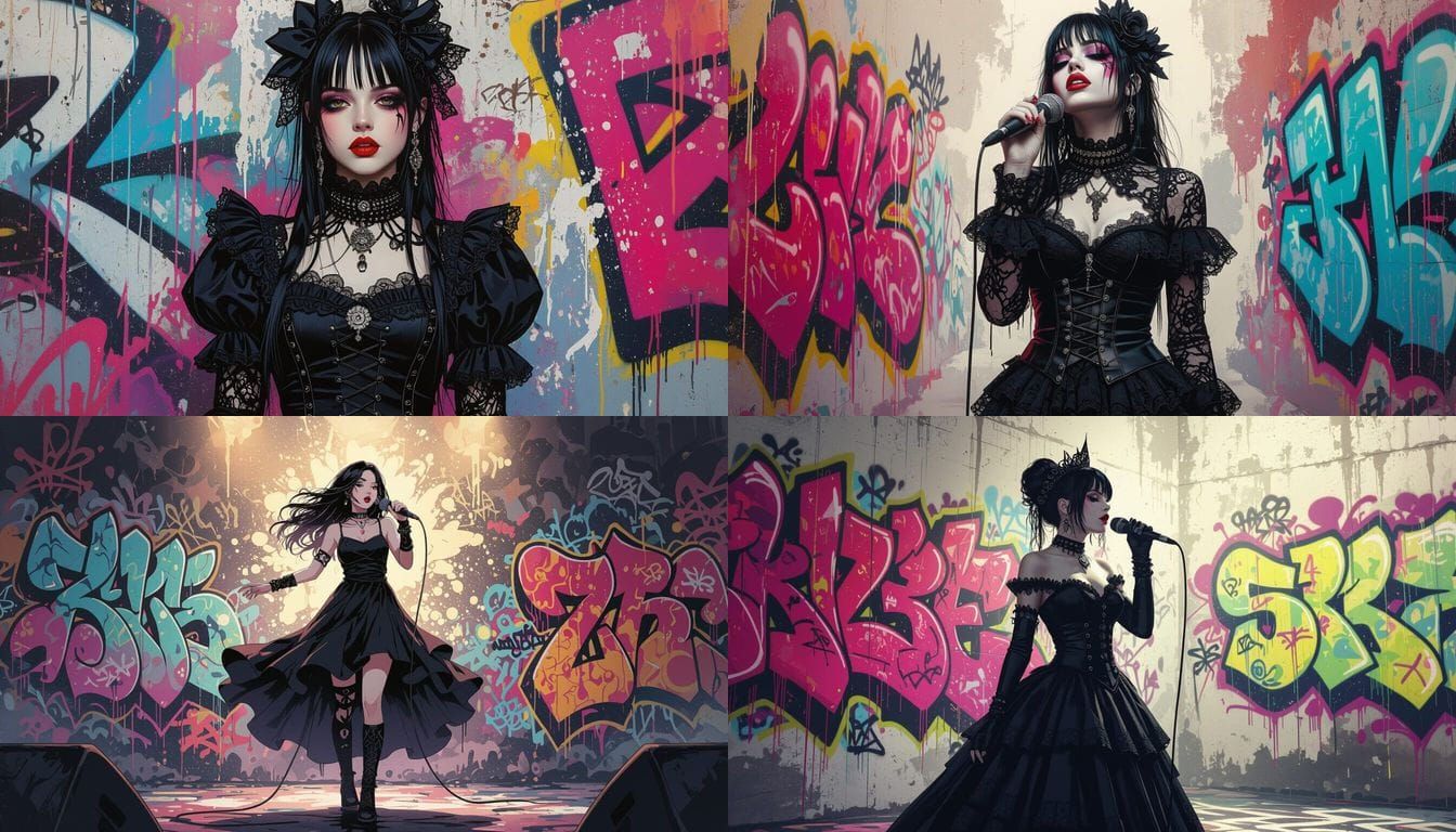 Gothic Singer in Vibrant Music Video with Graffiti Art