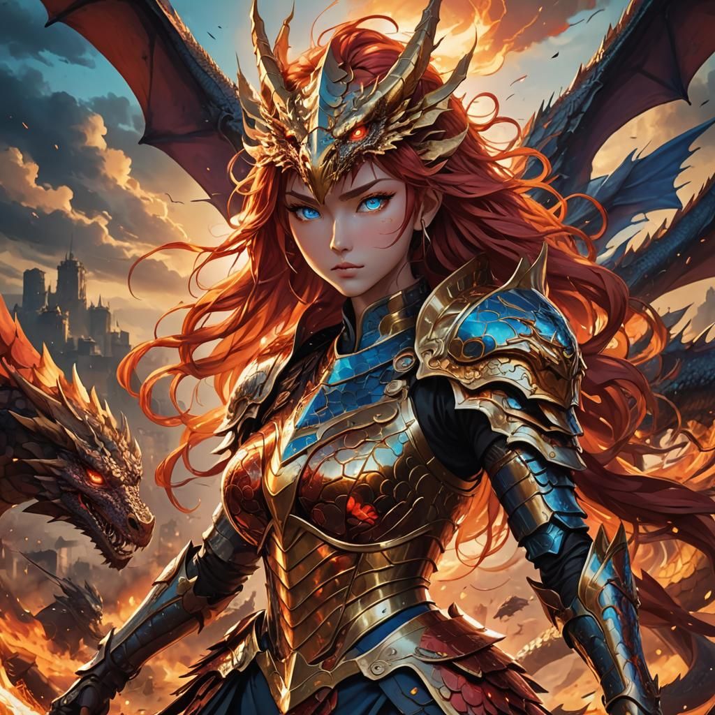 Anime Dragon Woman on Battlefield, Cel-Shaded Style