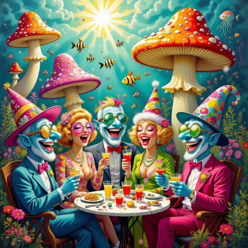 Psychedelic Mushroom and Sea Monkey People at Surreal Party