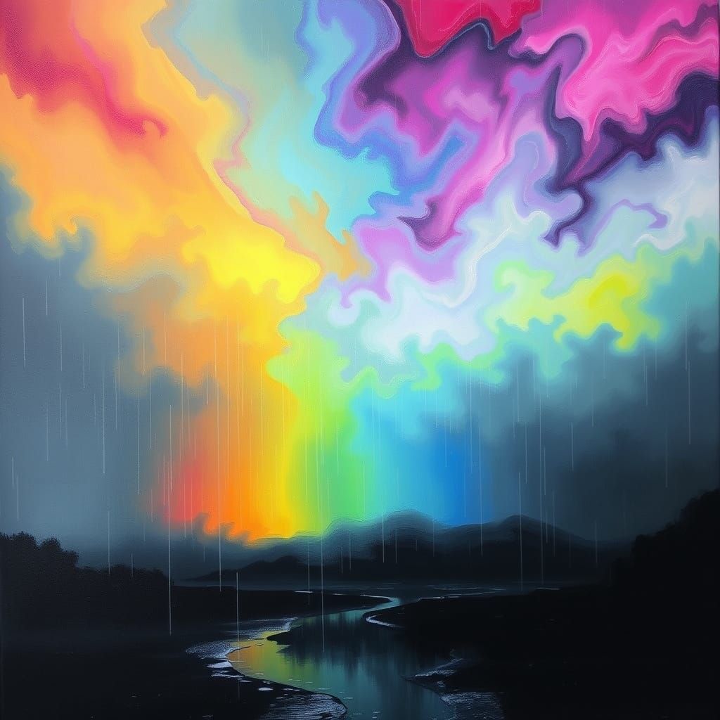 Vibrant Surreal Landscape with Melting Sky and Rainbow Rain