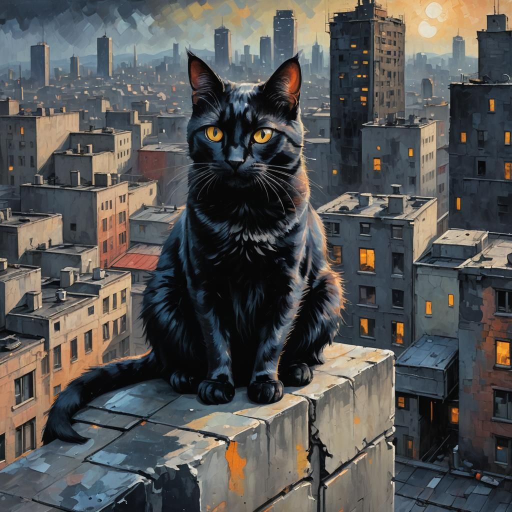 Cat on Concrete Wall: Impasto Oil Painting