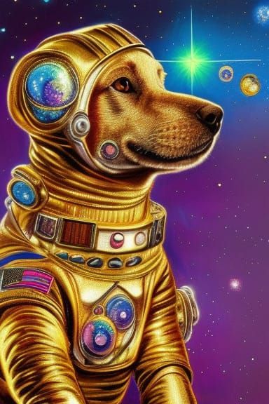 Astronaut Dog in Spacesuit, Fractal Glitter Art