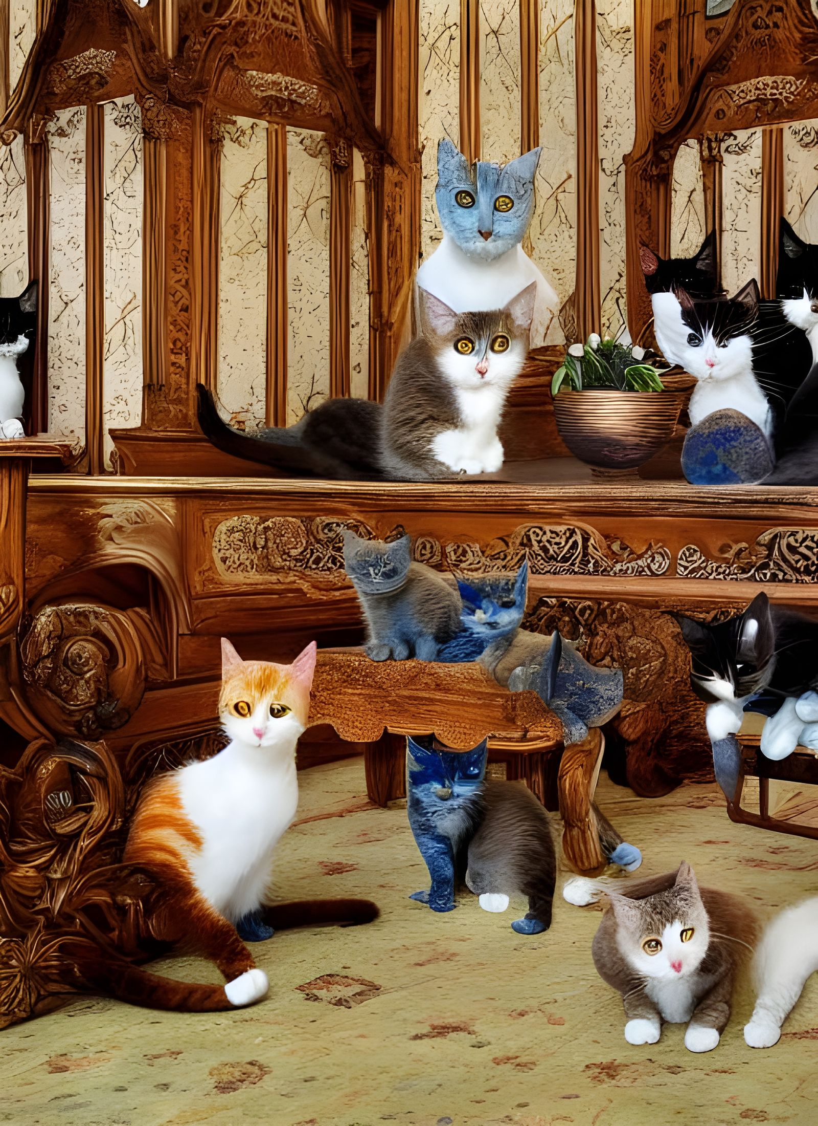 Cats on Antique Furniture in Dreamlike Style