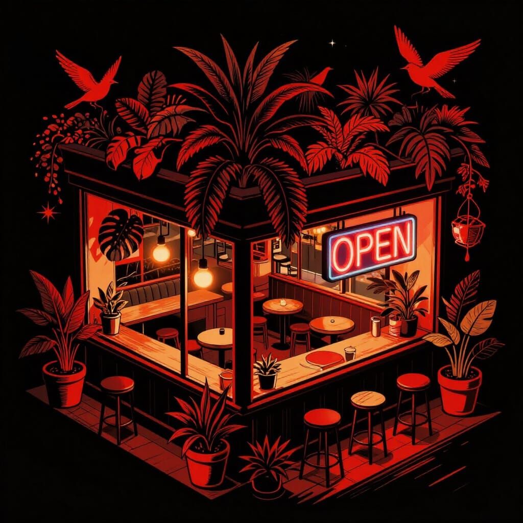 Vibrant Cafe with Neon Sign in Propaganda Poster Style