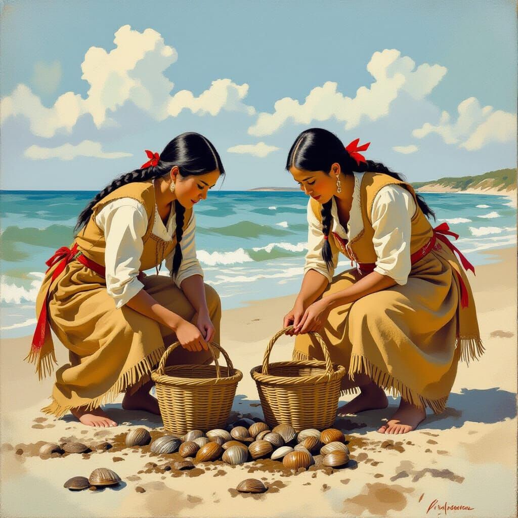 Native Women Digging Clams on New England Coast