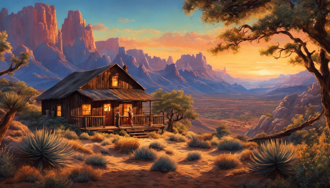 Cowgirl and Horse at Campfire in Desert Landscape