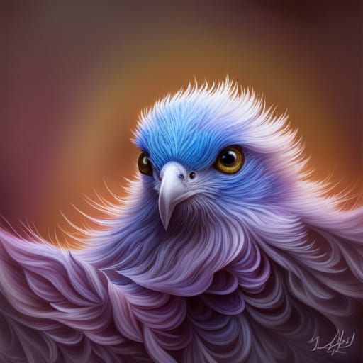 Cute Blue Bird with Fractal Flowers in Pixel Art