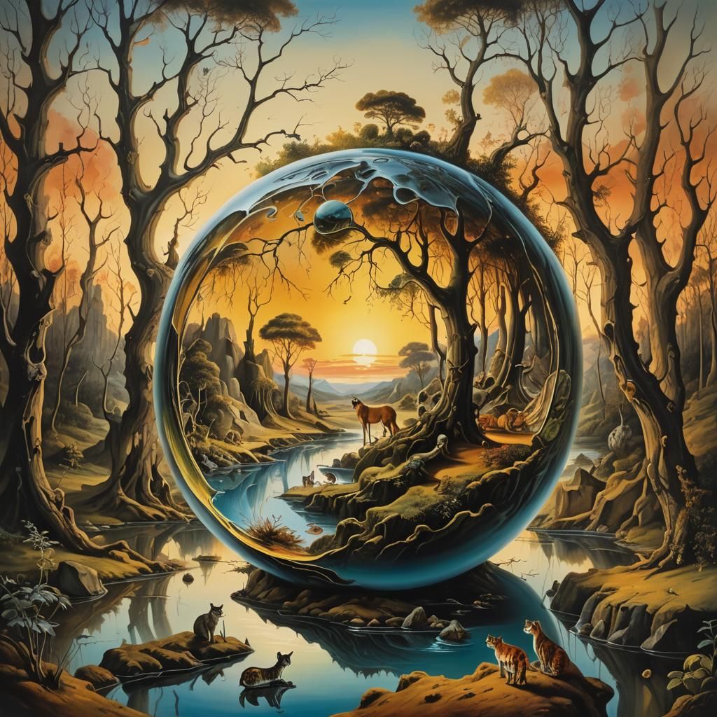 Surreal Forest Sphere with Sunset, Oil on Canvas