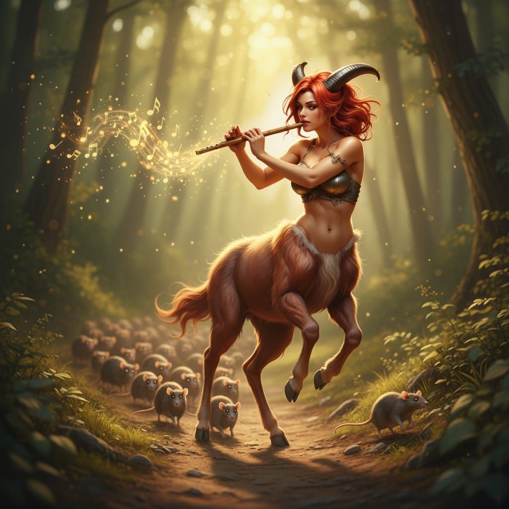 Fantasy Satyr-Centaur Dancing in Sunlit Forest