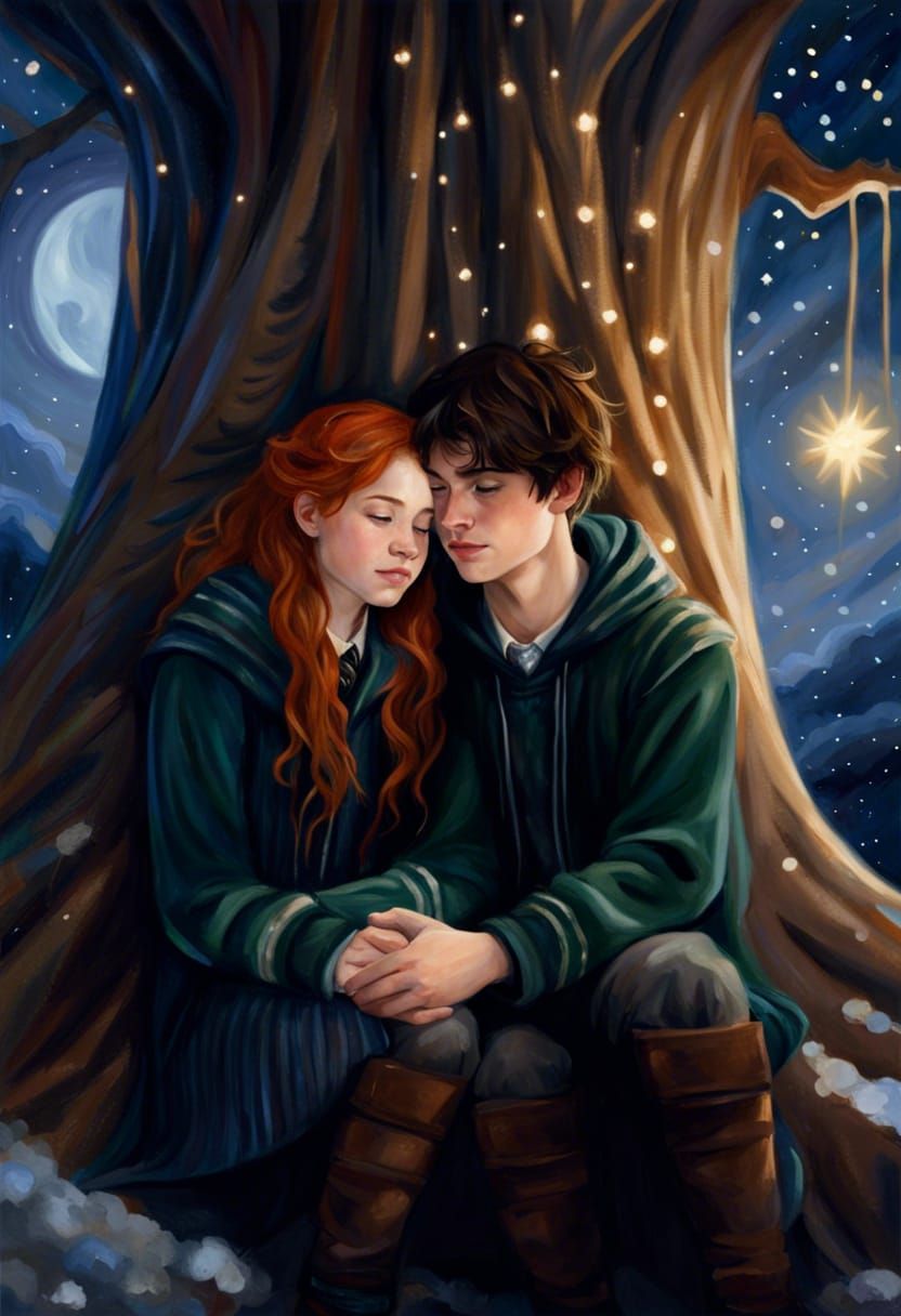 Hogwarts Winter Date Under Starry Sky as Impasto Painting