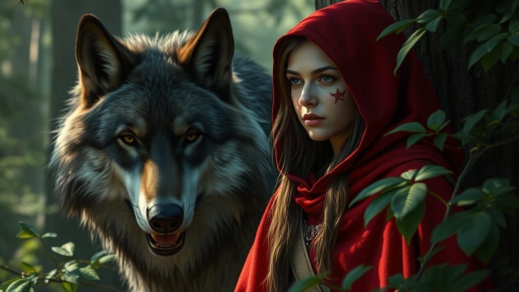 Young Red Riding Hood Confronts a Majestic Wolf in the Woods