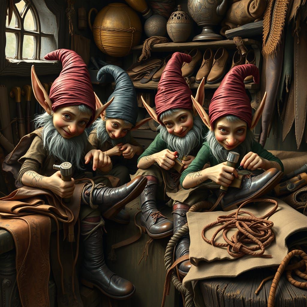 Whimsical Elves in a Cozy Leatherwork Workshop