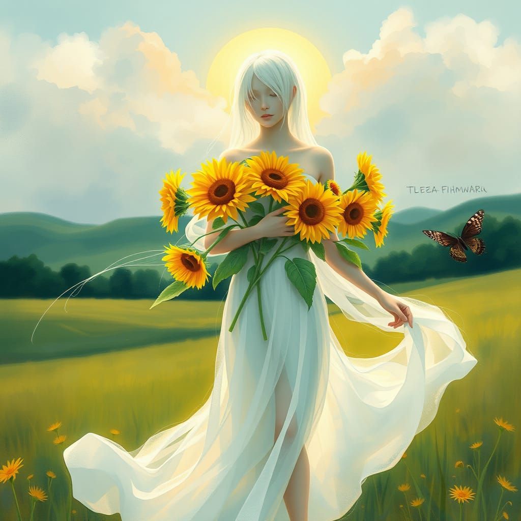 Ghostly Woman with Sunflowers in Whimsical Style