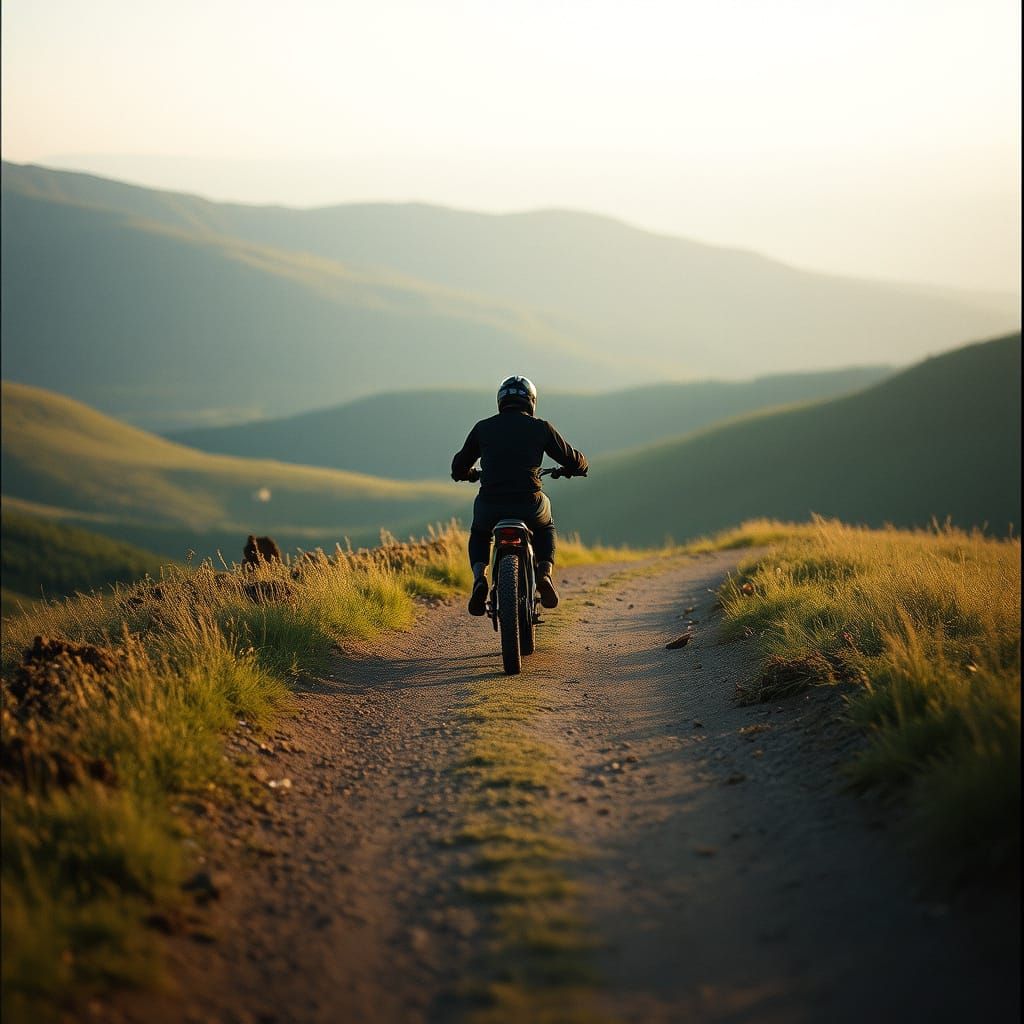 Cinematic Bike Rider in Hilly Landscape