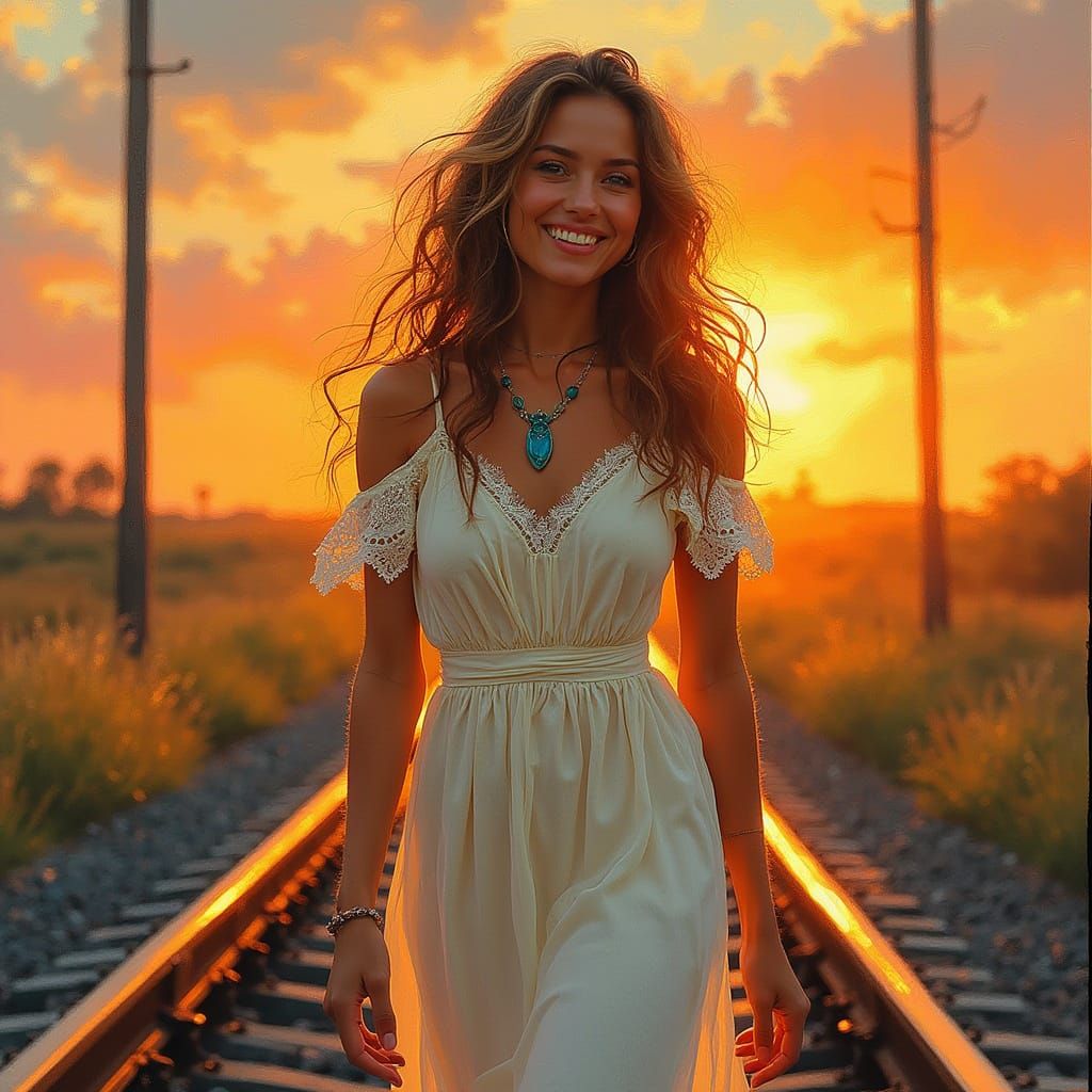 Bohemian Woman on Train Tracks in Expressive Art Style