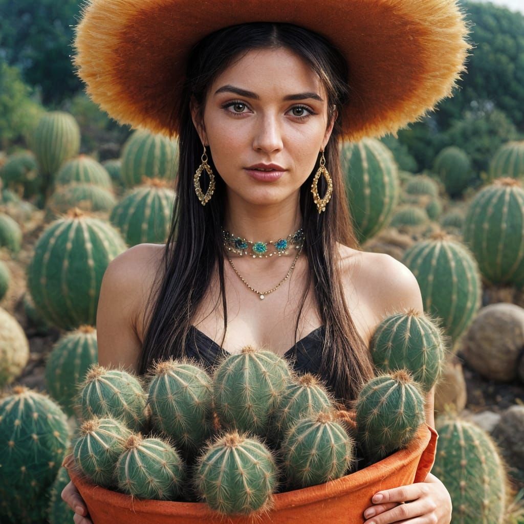 Exotic Desert Goddess Among Peyote Blooms