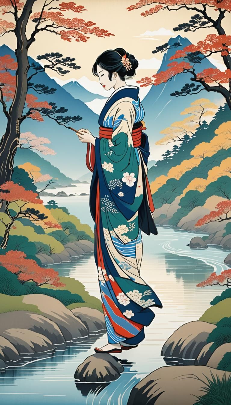 Ukiyo-e Serene Woman on Riverbank