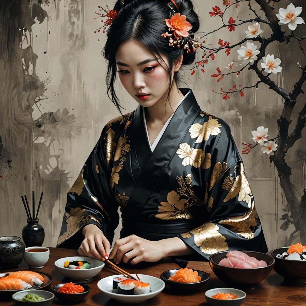 Japanese Family Enjoying Sushi: Detailed Digital Painting