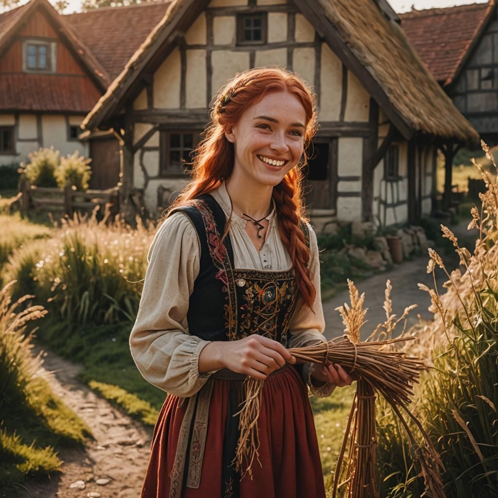 Red Haired Peasant Girl Carrying a Bundle of Sticks