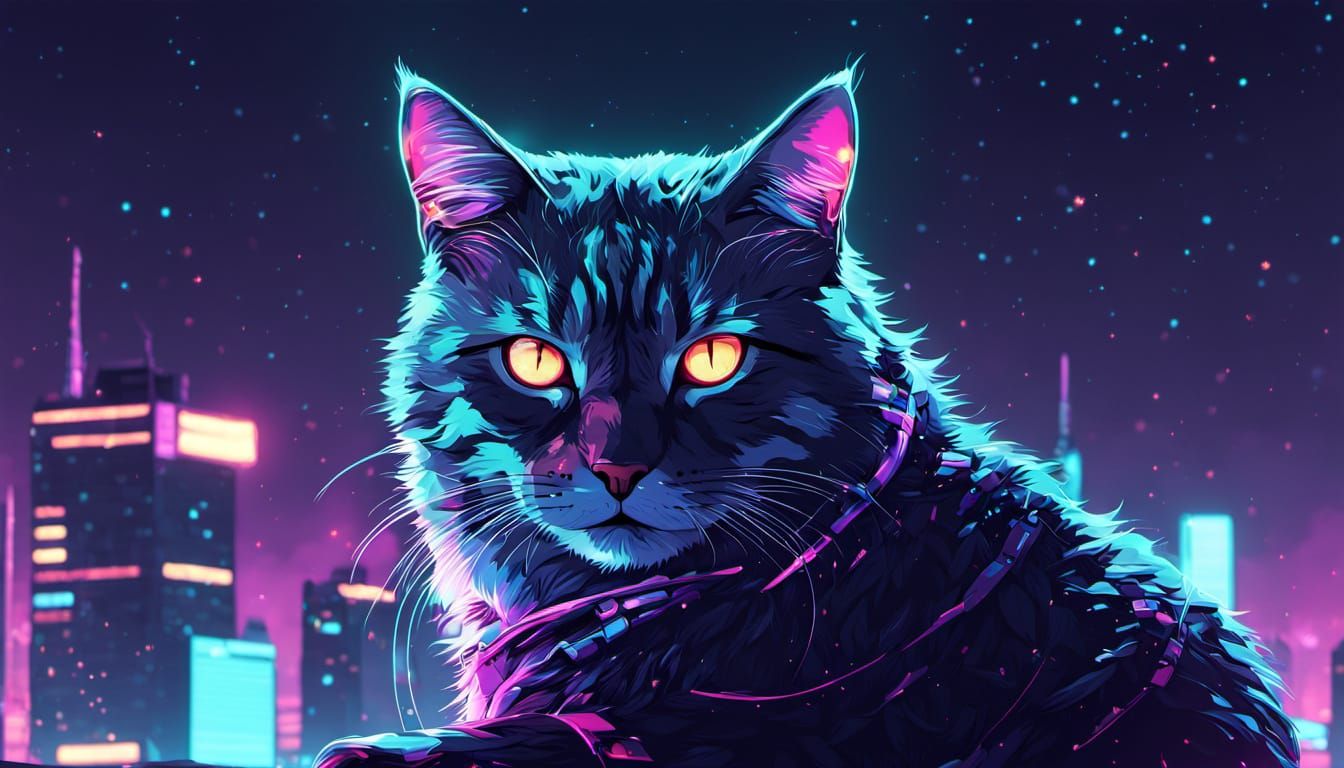 Cat Overlooking Floating Space City in Retro Sci-Fi Style