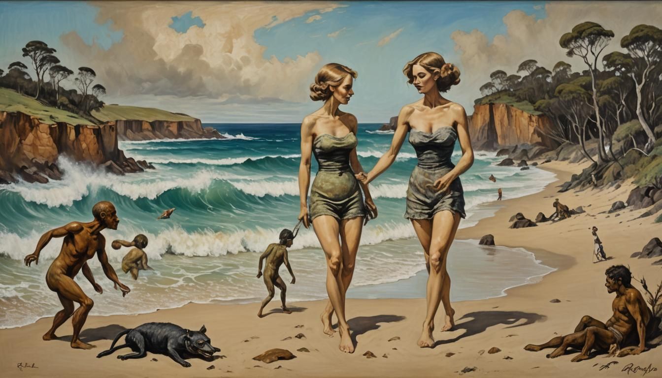 Surrealist Beach Scene with Expressionist Elements