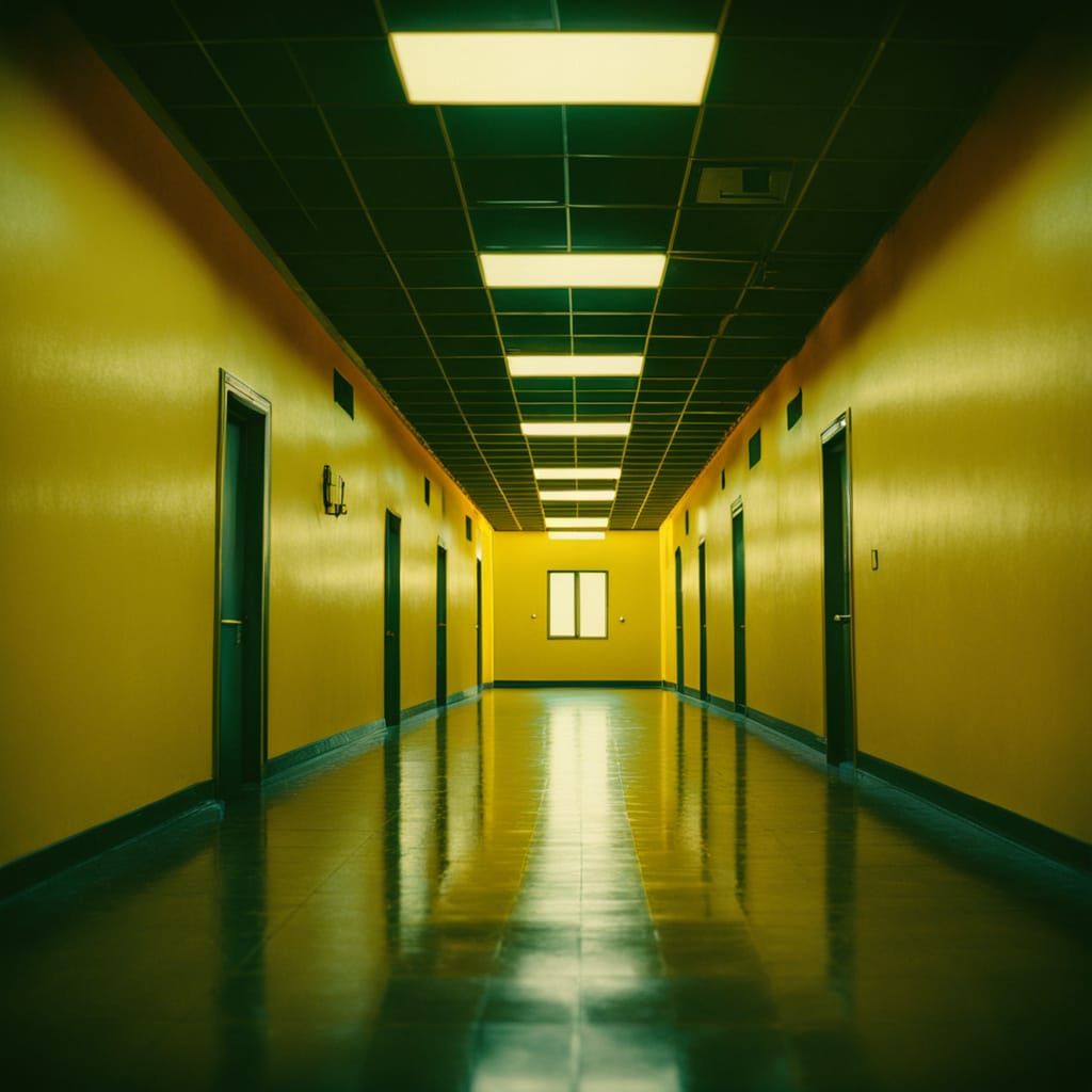 Ethereal Yellow Halls in Cinematic Film Style