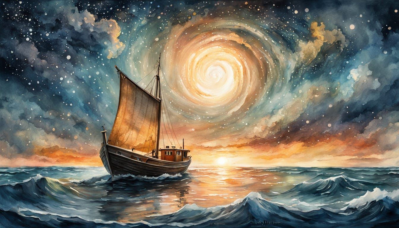 Fishing Boat at Sunset: Watercolor Illustration