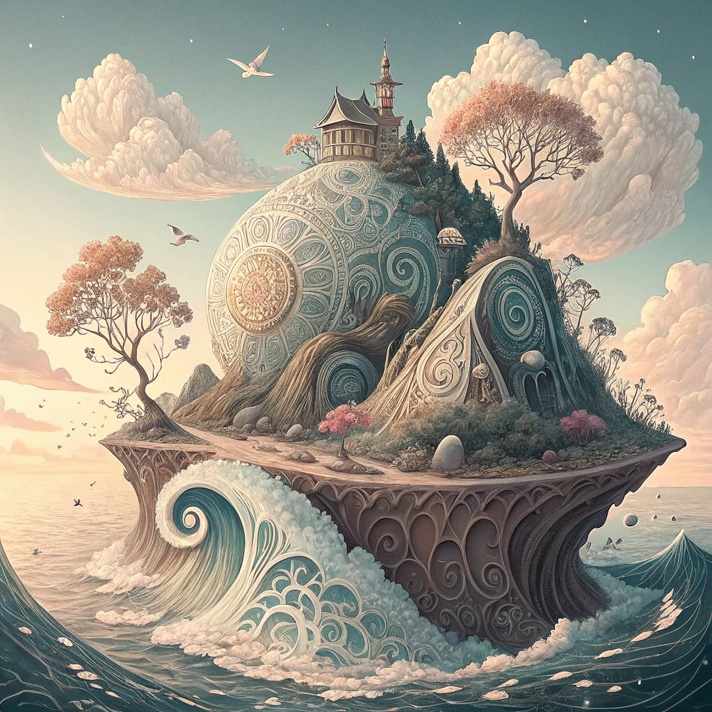 Abstract Island Floating in Sky with Fractals