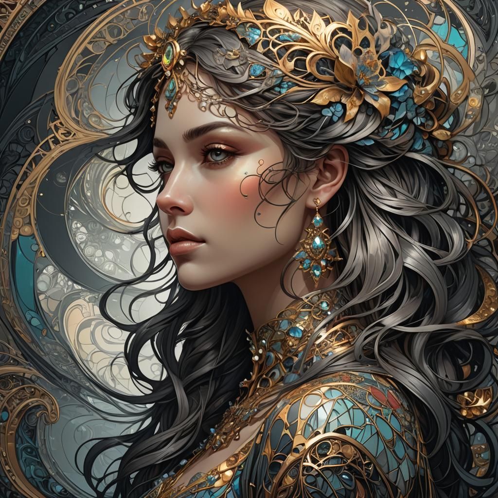 Beautiful Girl Profile with Fractal and Zentangle Elements