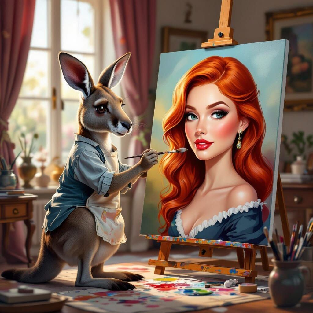 Kangaroo Artist Paints Redhead in Posh Studio 3D Digital Art