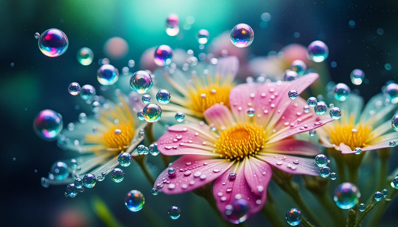 Dewdrops on Flowers in Holographic Astral Illustration