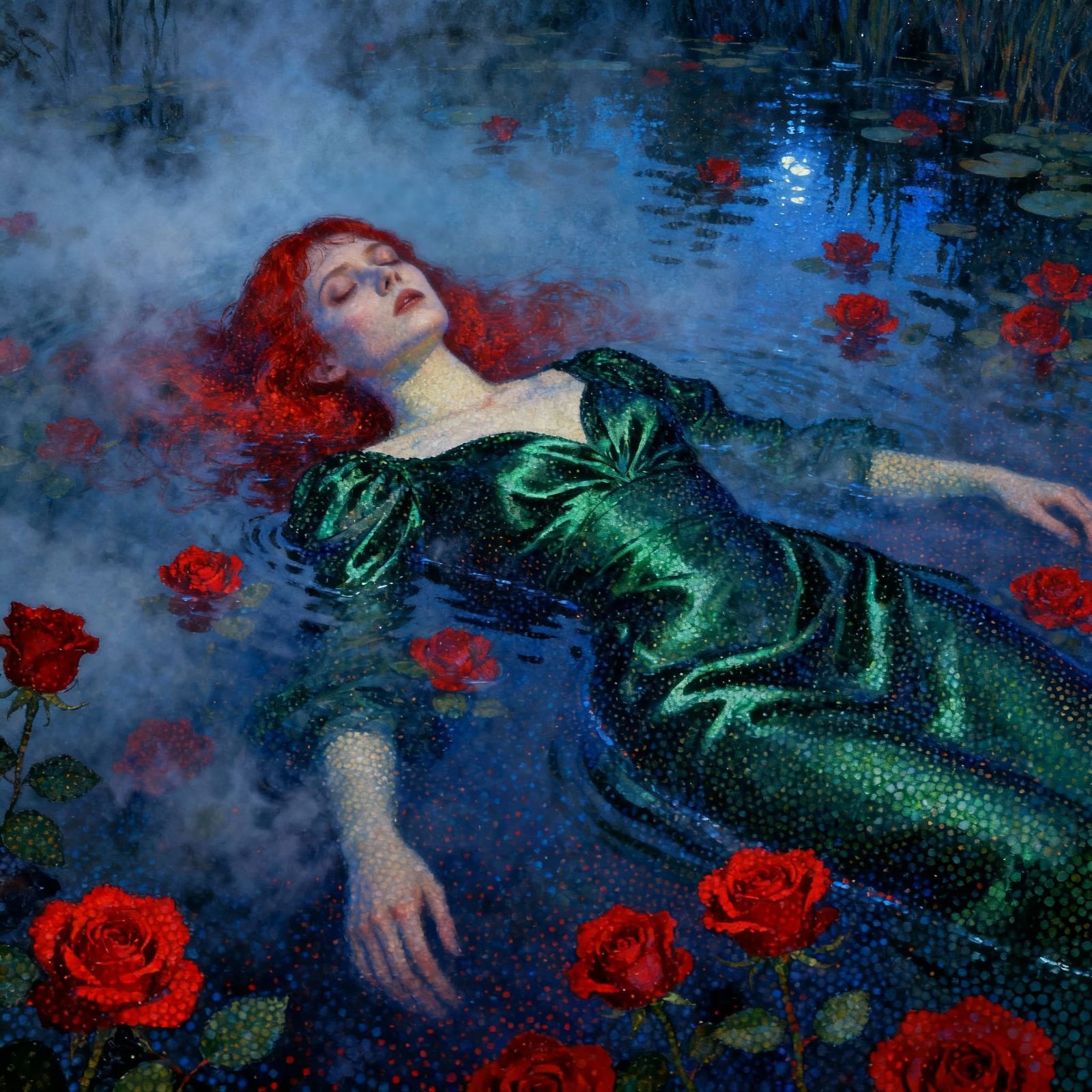 Woman in Misty Pond: Pointillism Art