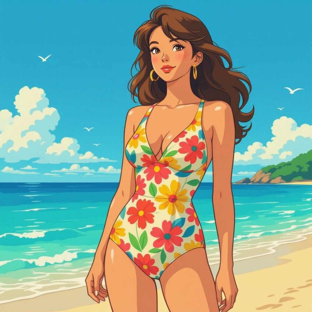 Woman in Floral Swimsuit, Animated Style