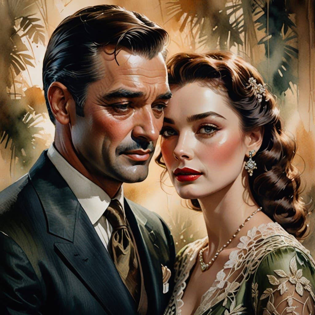 Romantic Haze: Clark Gable and Vivien Leigh in Watercolor
