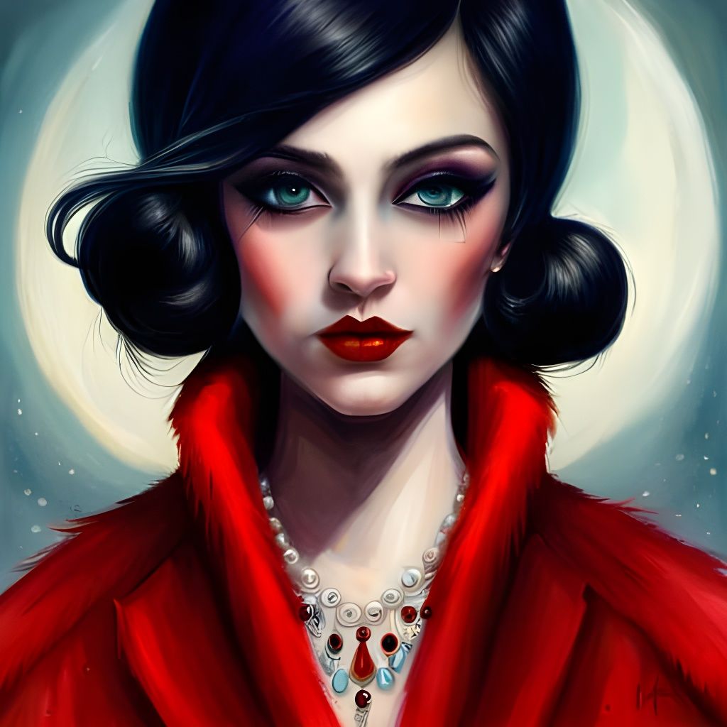 Glamorous Goth Girl in Red Fur, Vintage Rococo Style