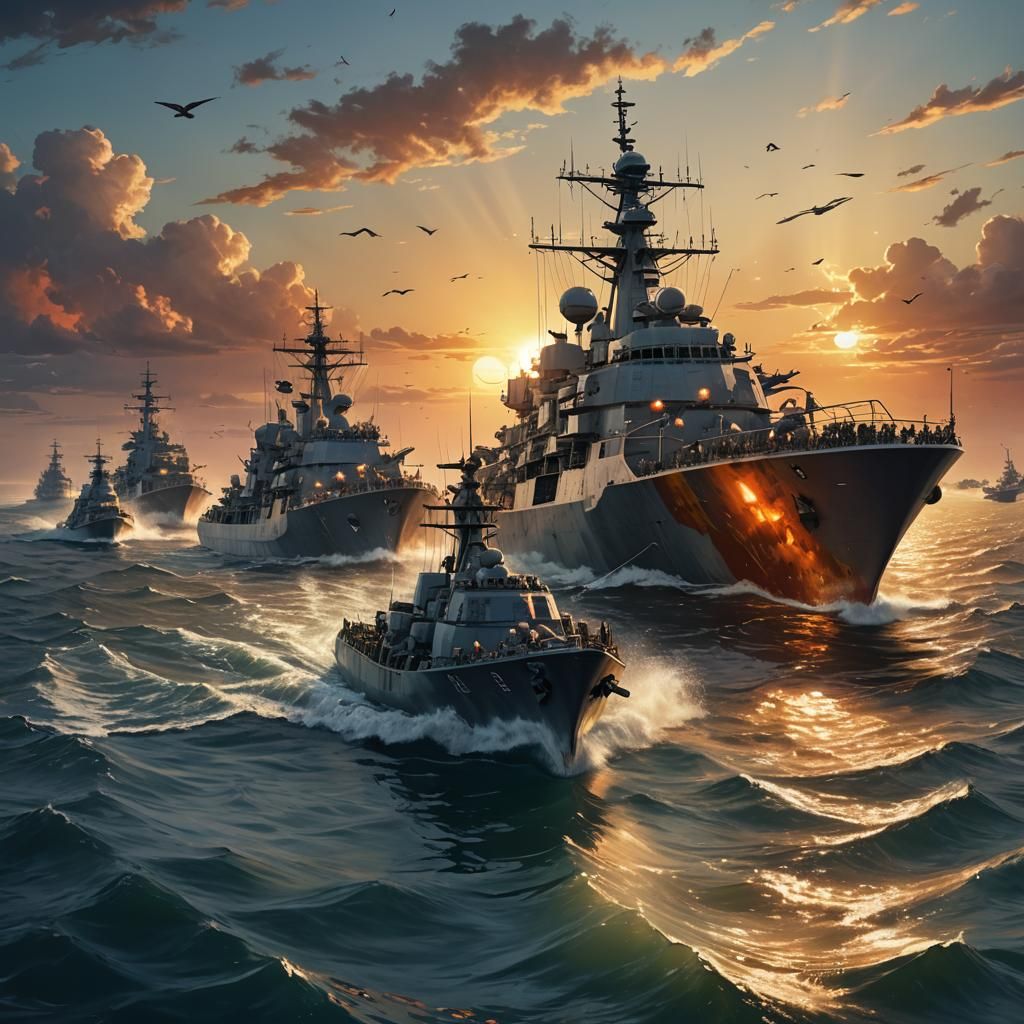 Military Fleet Sails into Sunset: Hyperrealistic Concept Art