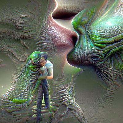 Intimate Kiss Between Man and Alien