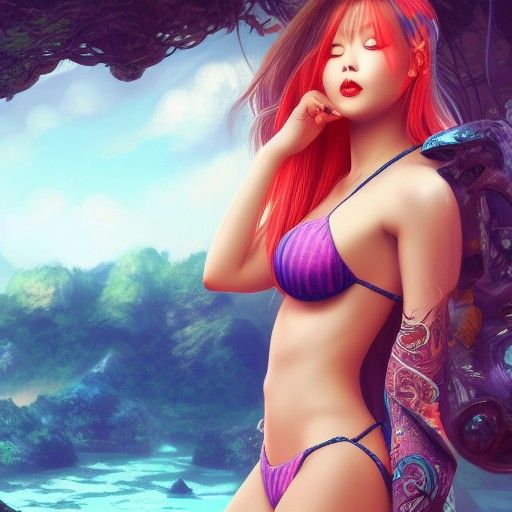 Cute Japanese Bikini Girl: Detailed Digital Painting