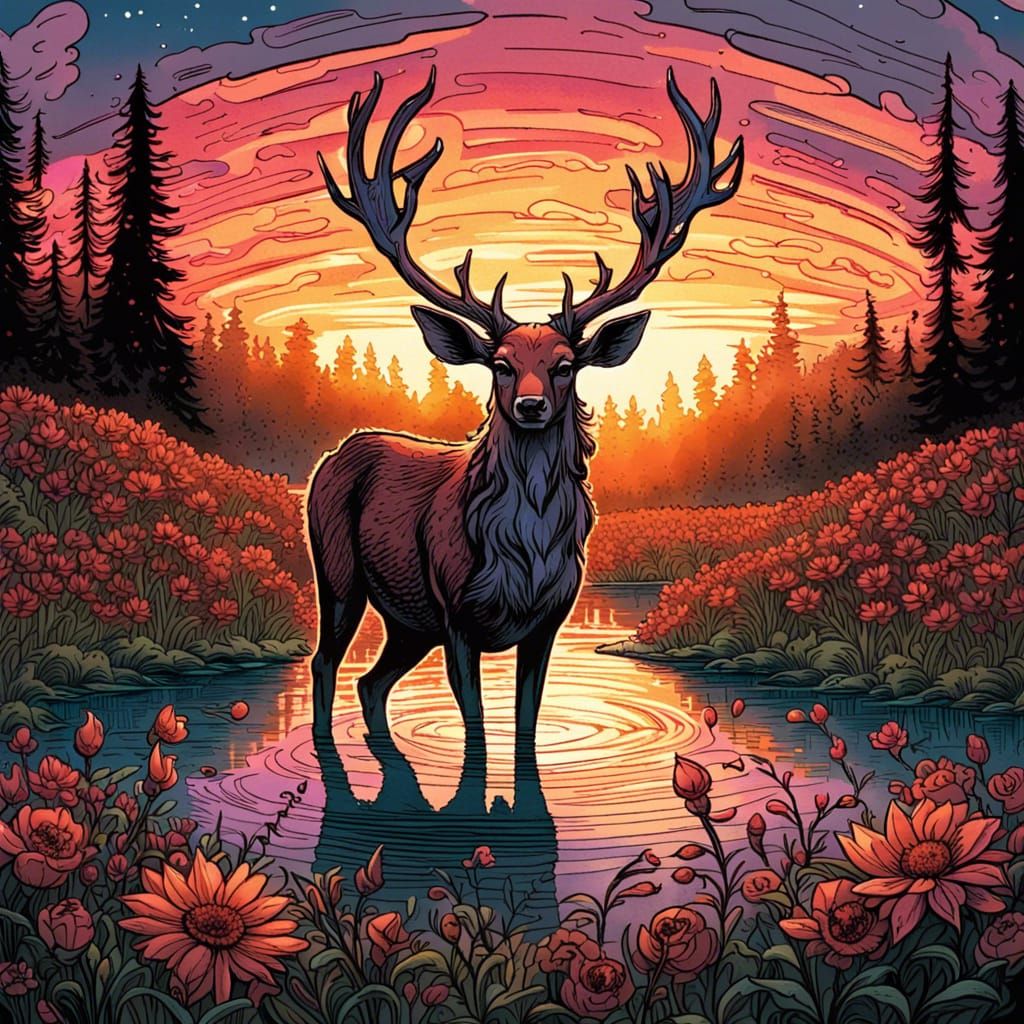Gothic Cottagecore Deer in Flower Field Sunset