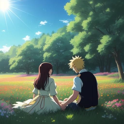 Cozy Couple in Anime Meadow at Golden Hour