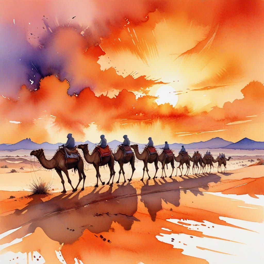 Desert Caravan at Dawn in Watercolor Style